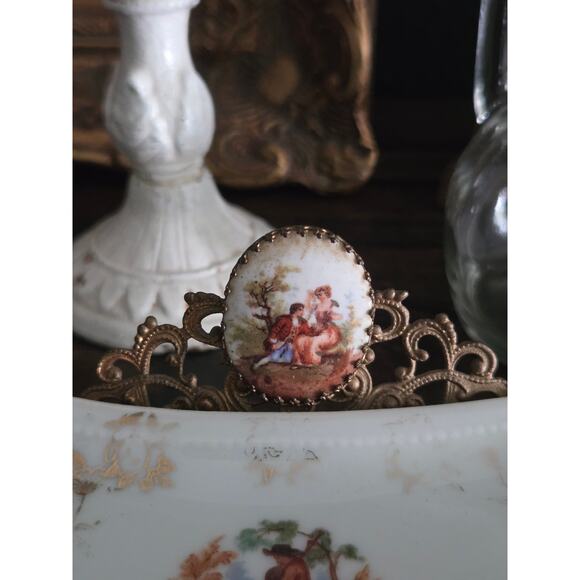 Epiag Ditmar-Urbach Czechoslovakia Porcelain Ormolu Tray Courting Scene 1930s - Picture 2 of 10